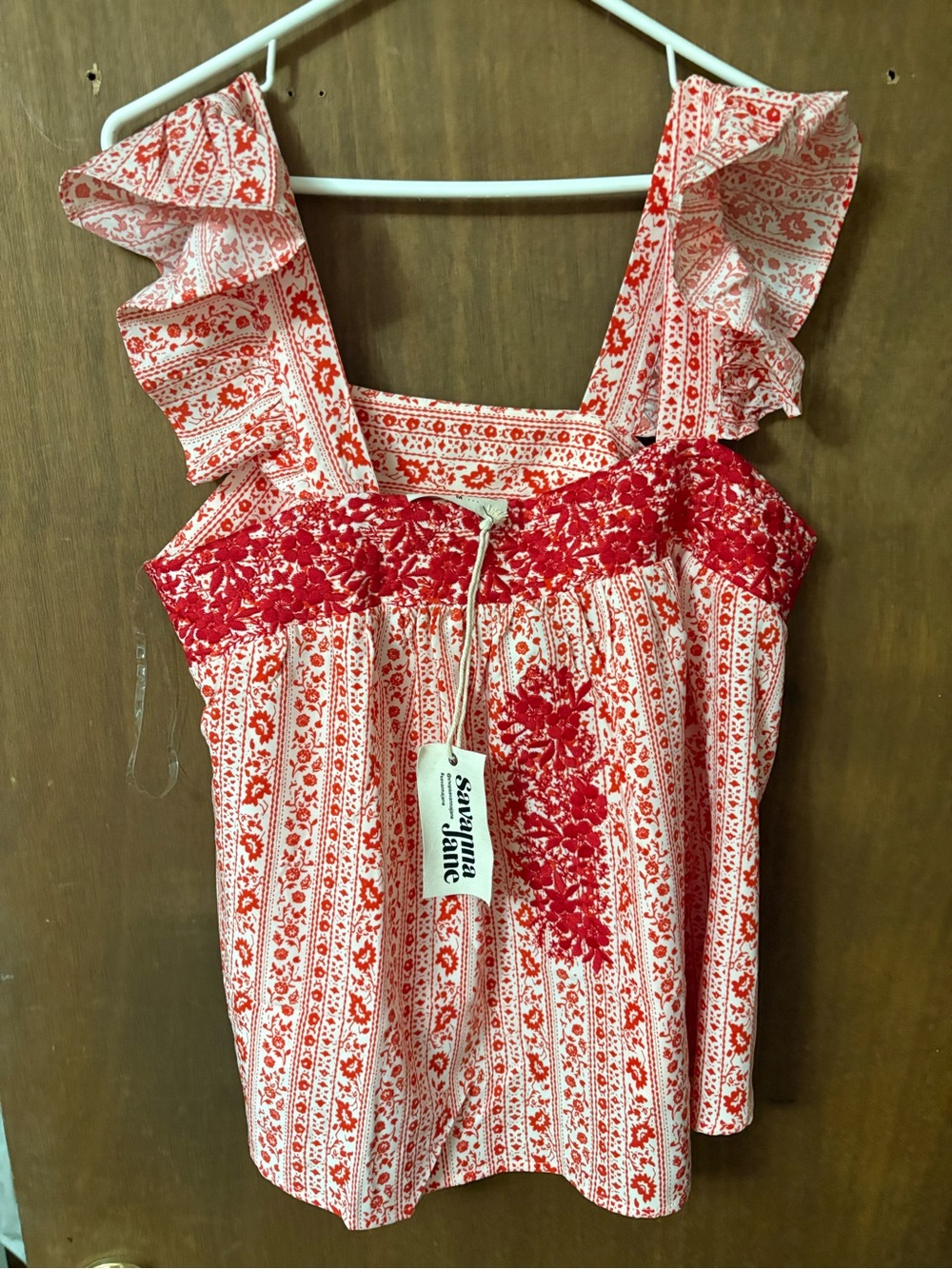 Savanna Jane Red and White Floral Ruffle Strap Tank